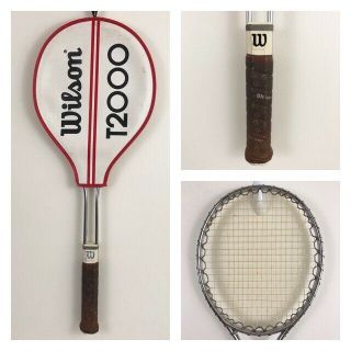 Vintage Wilson T2000 Steel Frame Tennis Racquet 4 - 5/8 Medium Leather Grip Cover