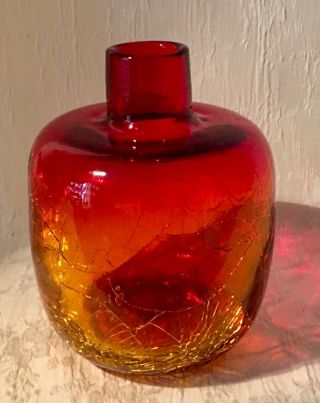 Blenko Vintage Mid Century Vase Amberina,  Crackle Glass Handblown Vase