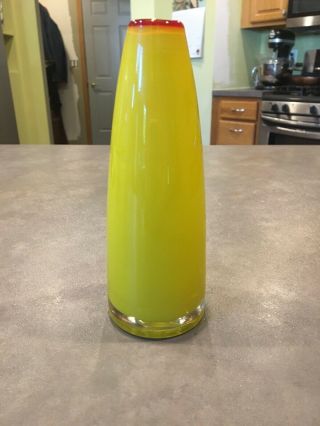 Vintage Italian Lemon Yellow Canary Art Glass Bottle Vase Cased Blown Red Rim