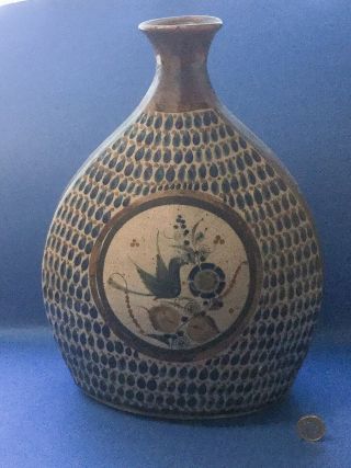 Vintage Large Studio Pottery Hand Painted Vase,  Bird,  Floral Decoration,  13.  5” Ta