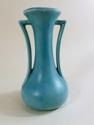 Vintage Usa Pottery Vase,  Two Handles,  9”,  Aqua Teal Marked