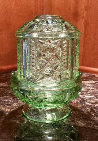 Vintage Light Green Indiana Glass Stars & Bars Fairy Lamp 2 Piece Candle Holder