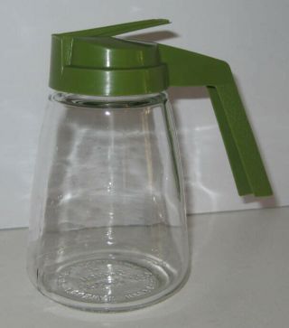 Vintage Federal Housewares Glass Honey Syrup Dispenser Avocado Green Handle Hand