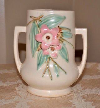 Vintage Mccoy Pottery Blossom Time Dogwood Pink Green Cream Double Handle Vase