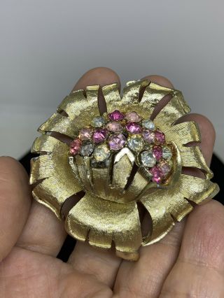 Vintage Signed Coro Pink Rhinestone Flower Brooch Pin Gold Tone