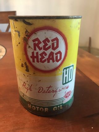Vintage Red Head Hd Motor Oil Quart Metal Can Advertising Gas Pennsylvania Oil