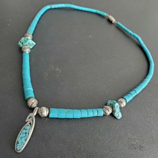 Signed Az Vintage Native American Turquoise Bead Silver Tone Necklace Bn112