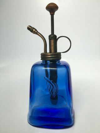 Blue Glass Plant Mister Vintage Glass Water Spray Bottle With Brass Top Pump 2