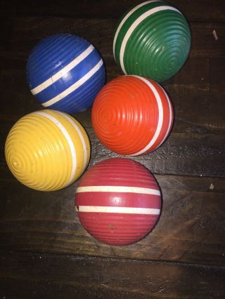 Set Of 5 Vintage Croquet Balls Wooden Triple Striped Ribbed Primitive Balls