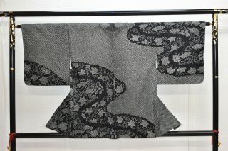 Vintage Silk Kimono Jacket:fully Shibori Black Chrysanthemumtsunami Wave@yl90