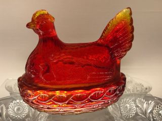 Vintage Amberina Glass Hen On Nest