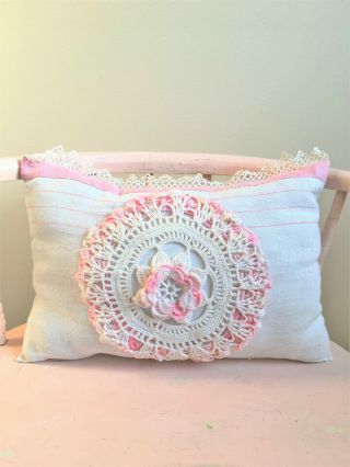 Vintage Handmade Pillow Pink White Linen Hand Crochet Floral Doily Tatted Lace