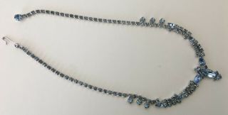 Vintage 1950 ' s WEISS Silver Tone Light Blue Rhinestones Choker Dangle Necklace 2