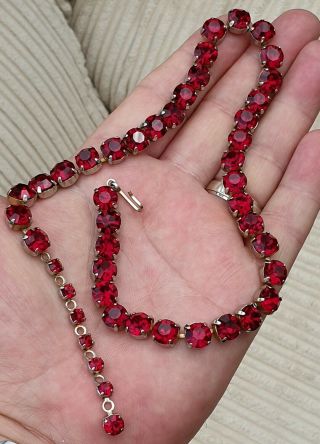 Stunning Vintage Art Deco Style Jewellery Claw Set Ruby Crystal Silver Necklace