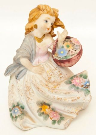 Vintage Lefton China Figurine Made In Japan Lady With Flower Basket Floral Dress