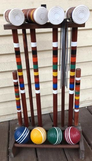 Vintage Striped Wooden Croquet Set Rack Mallets Balls Wickets Posts Plastic Caps