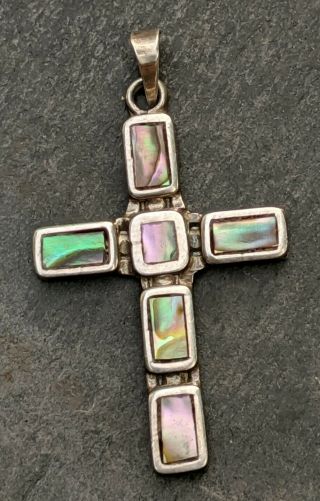 Stamp Signed Vintage Taxco Abalone Inlay Cross