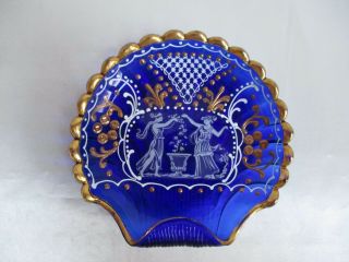 Vintage Cobalt Blue Glass Shell Dish Gold Trim Painted Ladies Figures Italy