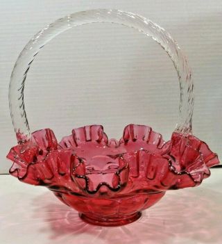 Vtg Fenton Cranberry Glass Ruffled Basket With Twisted Clear Handle