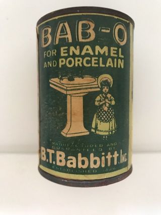 Vintage B.  T.  Babbitt Bab - O Enamel Porcelain Cleaner Tin Coin Bank Paper Label 3 "