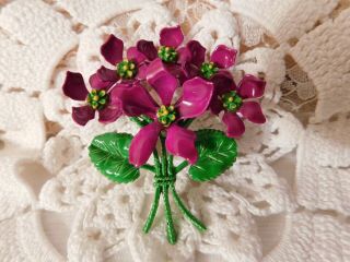 Vintage Purple And Green Enamel Metal Flower Floral Brooch Pin 2 1/4 "