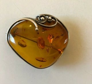 Vintage Large Amber Brooch / Pin Or Pendant Set In Sterling Silver