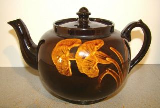 Vintage English Pottery Brown Slip Decorated Floral Teapot
