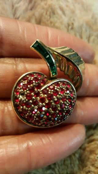 Vintage Jomaz Signed Strawberry Rhinestone Pin Brooch - Red And Green As - Is