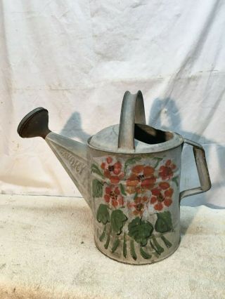 Vtg Galvanized Metal Watering Can Size 10 Copper Spout Savory Tole Painted 2