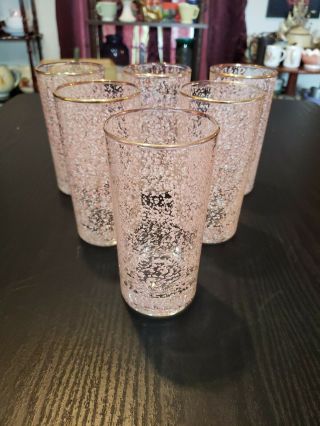 Vintage Libby Glasses 6 Pc 1950s Pink & Cream Speckled Confetti Gold Rim 12 Oz