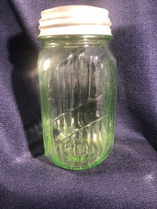 Vintage Green Depression Vaseline Glass Hoosier Canister Storage Jar