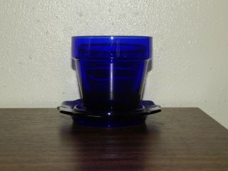 Vintage Libbey? Cobalt Blue Glass Flower Pot Planter With Vintage Glass Tray
