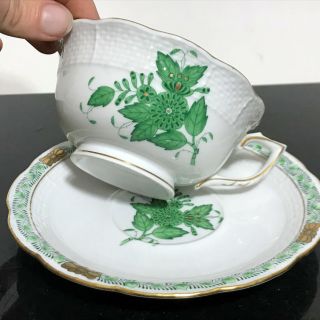 Vtg Herend Hungary Green Chinese Bouquet Floral Porcelain Teacup & Saucer