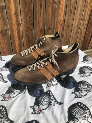 Vintage Dominion Brown Suede Boot Quad Roller Skates Mens Size 12 Euc Derby