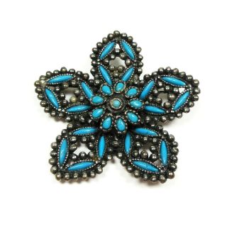 Vintage Southwest Style Brooch Pin Faux Turquoise Flower Blue Needlepoint