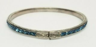 Vintage Art Deco Sterling Silver Signed L&m Blue Rhinestone Bangle Bracelet