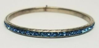 Vintage Art Deco STERLING SILVER Signed L&M Blue Rhinestone Bangle Bracelet 4
