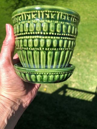 Vintage Mccoy Green Beaded 4” Flower Pot Planter Mid Century