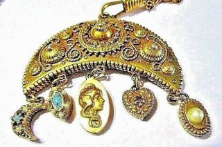 Vintage Double Strand Etruscan Style Pendant Charms Necklace Dangles Statement