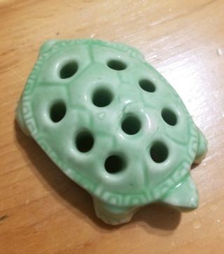 Vintage Turtle Shaped Green Ceramic Flower Frog Glazed Clay Pottery Flower Frog