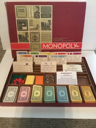 Vintage Monopoly Red Box Game 1964 W/ Plastic Wood Grain Bankers Tray Complete