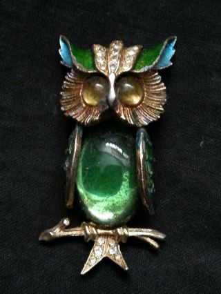 Vintage Art Owl Rhinestone Enamelled Brooch,  2.  25 Inches