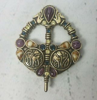Vintage - Signed Soloor Celtic Gemstone Brooch Pin Kilt Pin - Purple/brown/blue