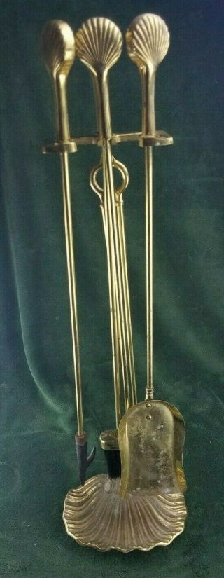 Vintage 5 Piece Brass Shell Scallop Fireplace Tool Set And Stand