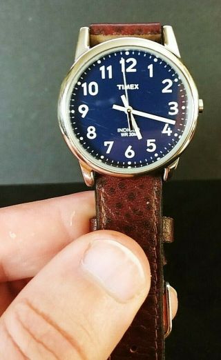 Vintage Timex Indiglo Watch With Dress Leather Strap & Blue Face Wrist Watch