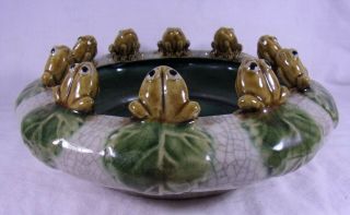 Vintage Majolica Style Art Pottery Bowl - Planter 10 Figural Frog Toads Lucky Sgd