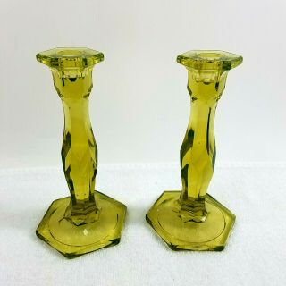 Set Of 2 Candlesticks Vintage Green Vaseline Glass 8.  5 " Octagon Shape Vgc