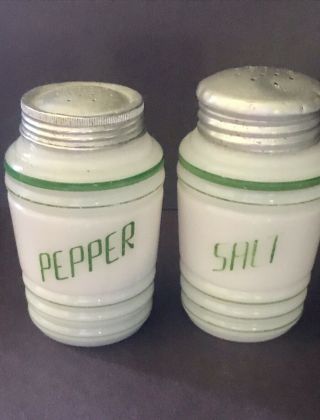 Vintage Beehive Rib Salt & Pepper Shakers - Green Letters - Hazel Atlas Milk Glass