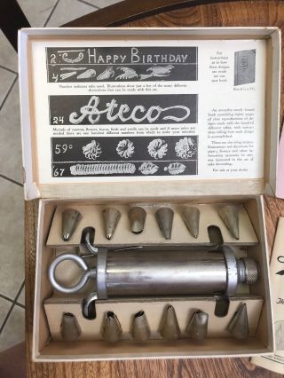 Vintage Cake Icing Set Decorating Gun Ateco Stainless Steel In Orrig Box & Direc