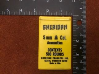 Sheridan.  20 Cal/5mm Pellets Vintage Yellow Plastic Box 500 Count 1/2 Full